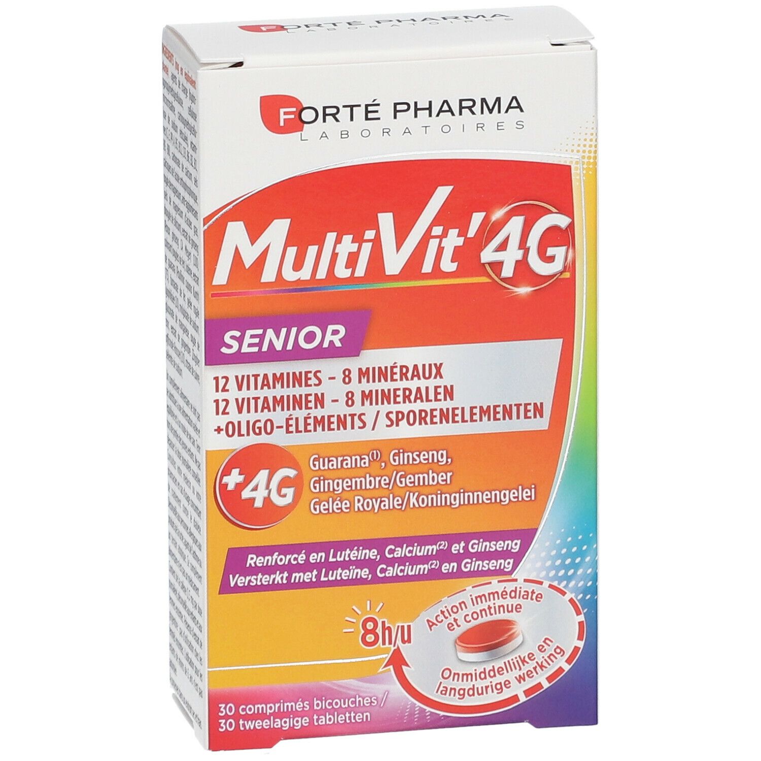 Doos 'MultiVit' 4G Senior'. Bevat 12 vitaminen, 8 mineralen en sporenelementen. Met +4G-complex. 30 tabletten.