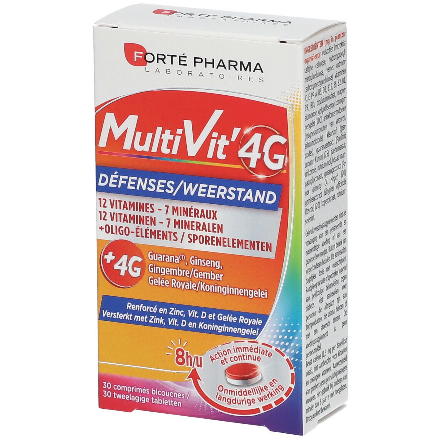 Doos 'MultiVit' 4G Défenses. Bevat 12 vitaminen, 7 mineralen, +4G. Rode en witte tekst op oranje achtergrond.