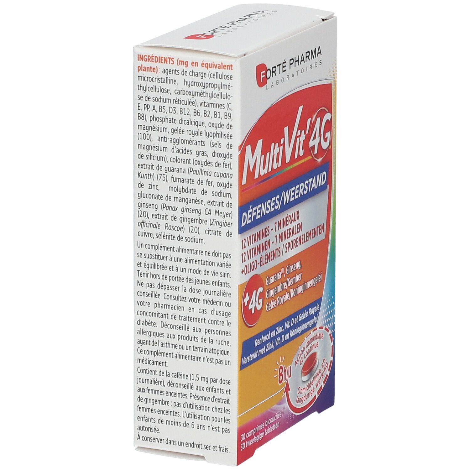 Doos 'MultiVit' 4G Défenses. Bevat 12 vitaminen, 7 mineralen, +4G. Zijaanzicht met informatie en tekst.