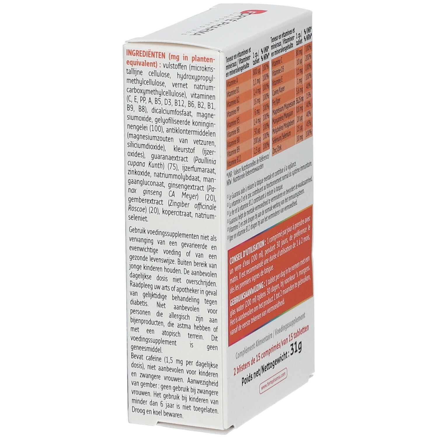 Zijaanzicht van de doos 'MultiVit' 4G Défenses. Bevat ingrediënten en gebruiksaanwijzing.