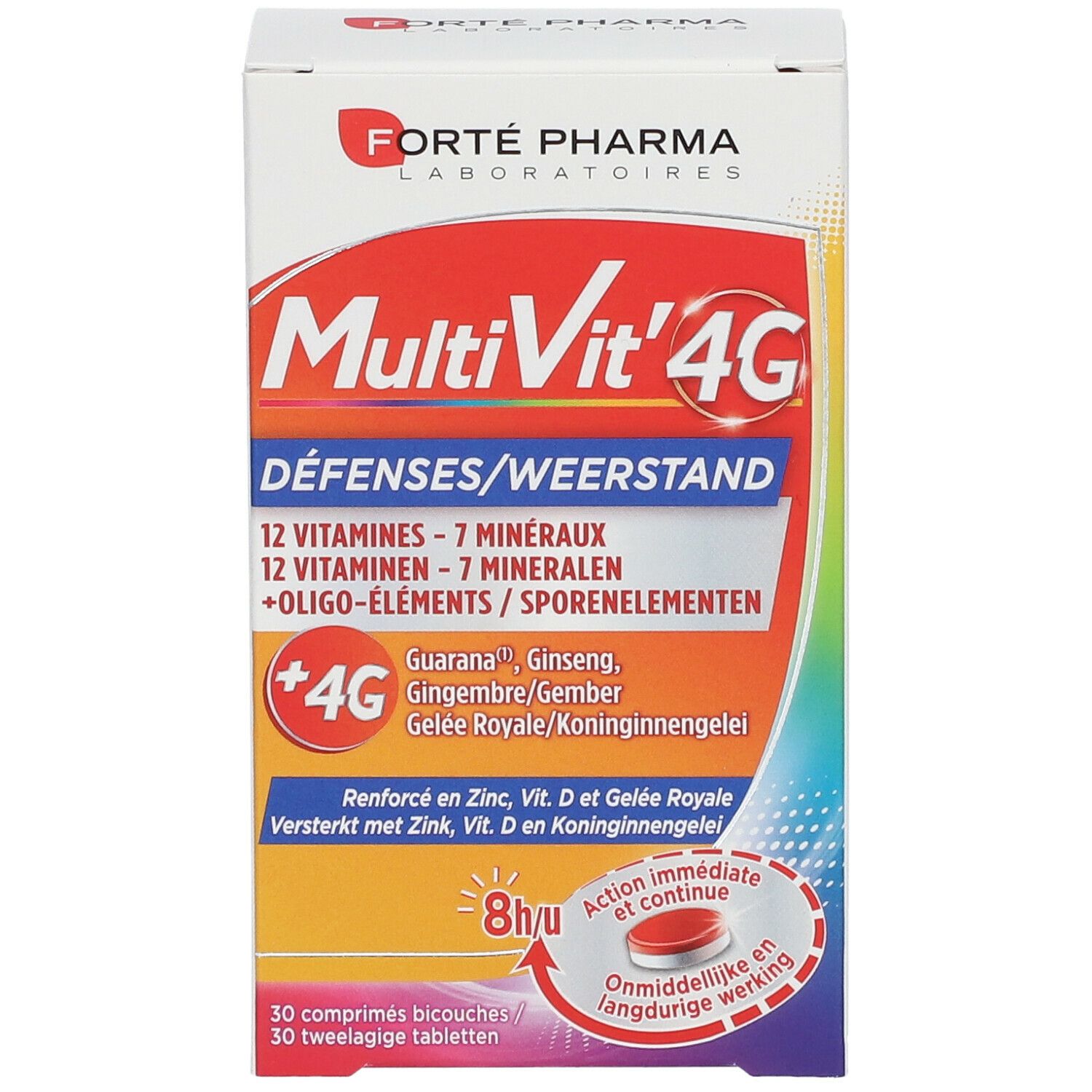 Doos 'MultiVit' 4G Défenses. Bevat 12 vitaminen, 7 mineralen, +4G. Rode en witte tekst op oranje achtergrond.