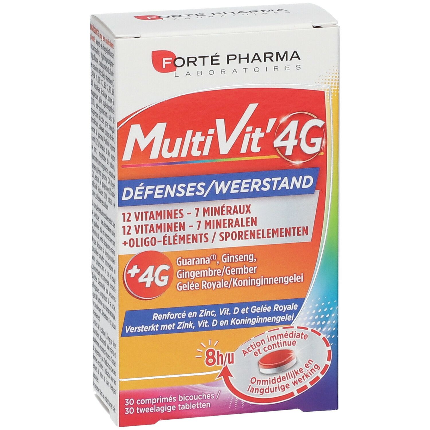 Doos 'MultiVit' 4G Défenses. Bevat 12 vitaminen, 7 mineralen, +4G. Rode en witte tekst op oranje achtergrond.