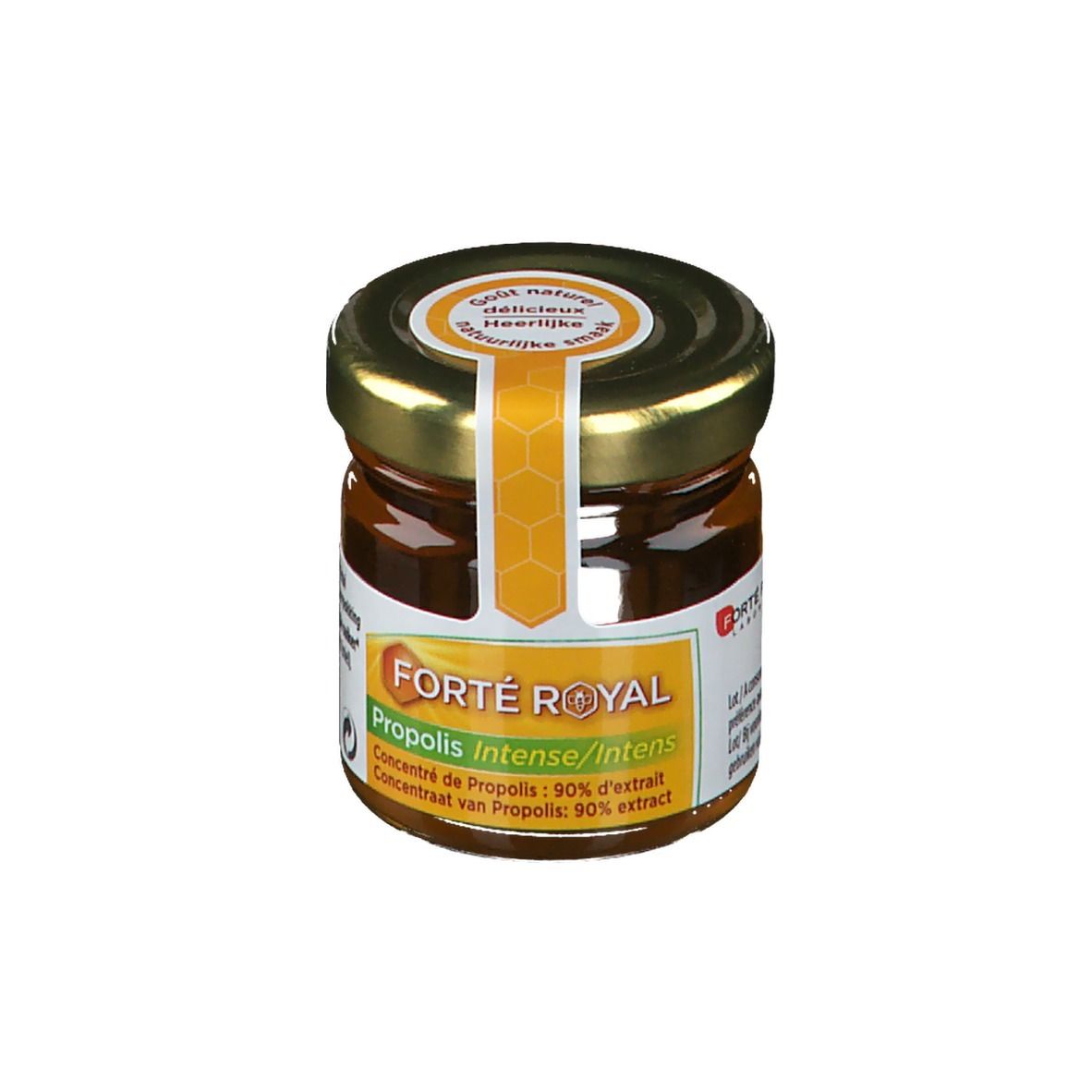 Pot de Forté Royal Propolis Intense. Couvercle doré, étiquette jaune-orange. Texte: Propolis Intense/Intens, extrait 90%.