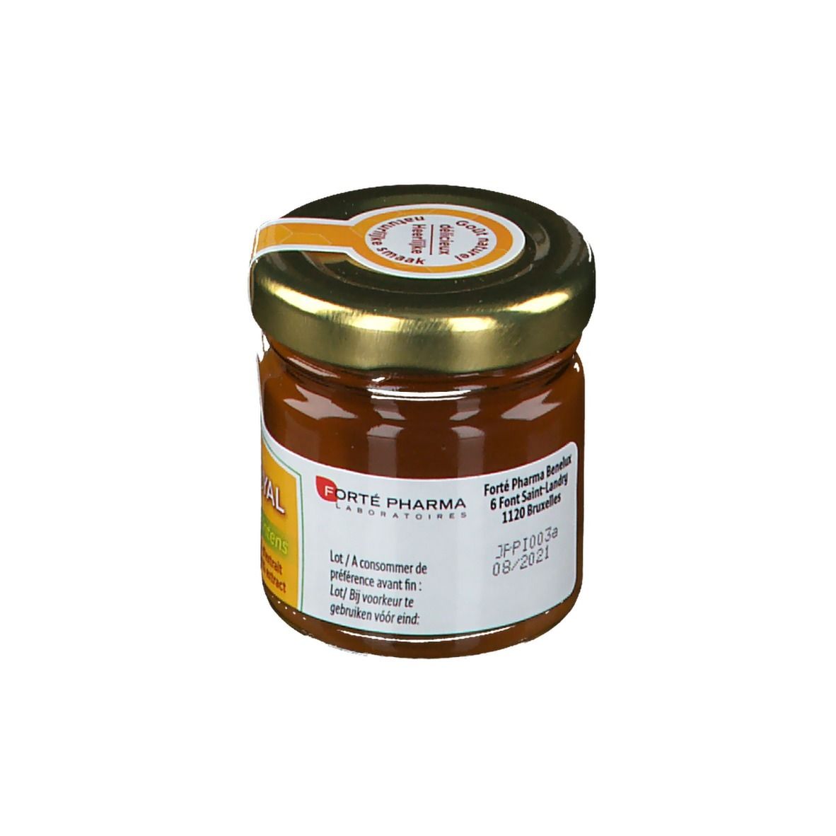 Pot de Forté Royal Propolis Intense. Couvercle doré, étiquette avec texte et date de péremption. Marque: Forté Pharma.