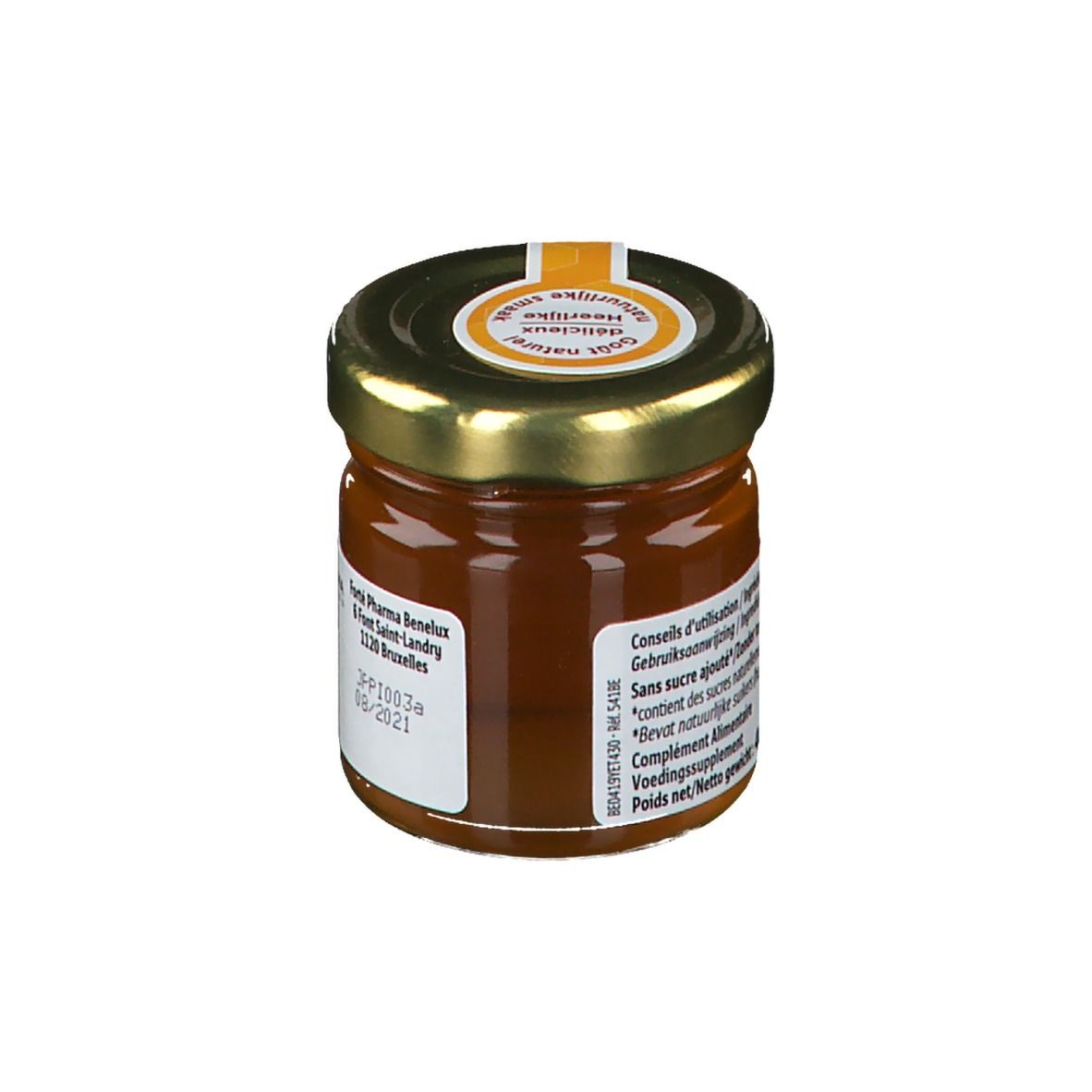 Pot de Forté Royal Propolis Intense. Couvercle doré, étiquette avec texte. Marque: Forté Pharma. Adresse: 1120 Bruxelles.