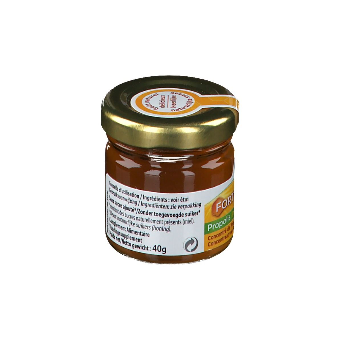 Pot de Forté Royal Propolis Intense. Couvercle doré, étiquette avec texte. Poids net: 40g. Marque: Forté Pharma.