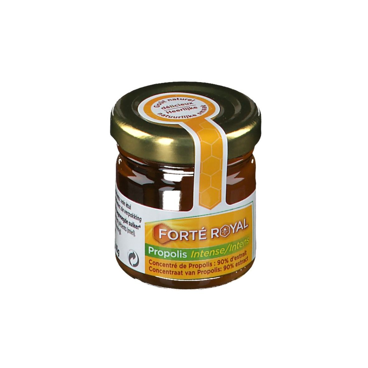 Pot de Forté Royal Propolis Intense. Couvercle doré, étiquette jaune-orange. Texte: Propolis Intense/Intens, extrait 90%.