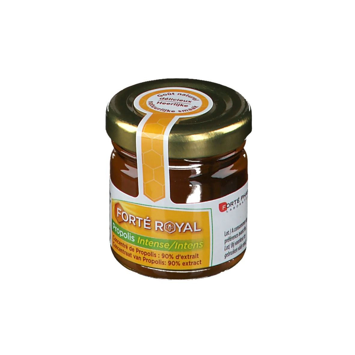 Pot de Forté Royal Propolis Intense. Couvercle doré, étiquette jaune-orange. Texte: Propolis Intense/Intens, extrait 90%.