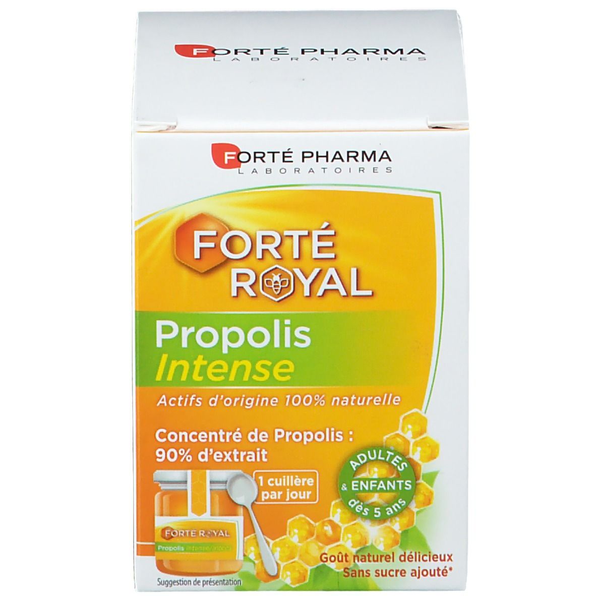 Emballage et pot de Forté Royal Propolis Intense. Emballage: blanc, jaune, vert. Texte: Propolis Intense, extrait 90%.