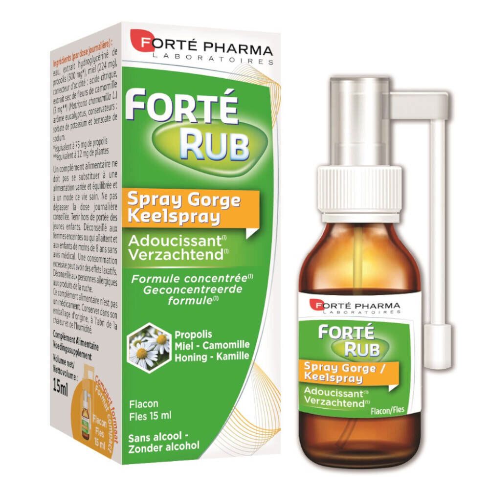 Forté Rub Spray Gorge/Keelspray. Flacon et emballage. Contient propolis, miel, camomille. 15 ml.