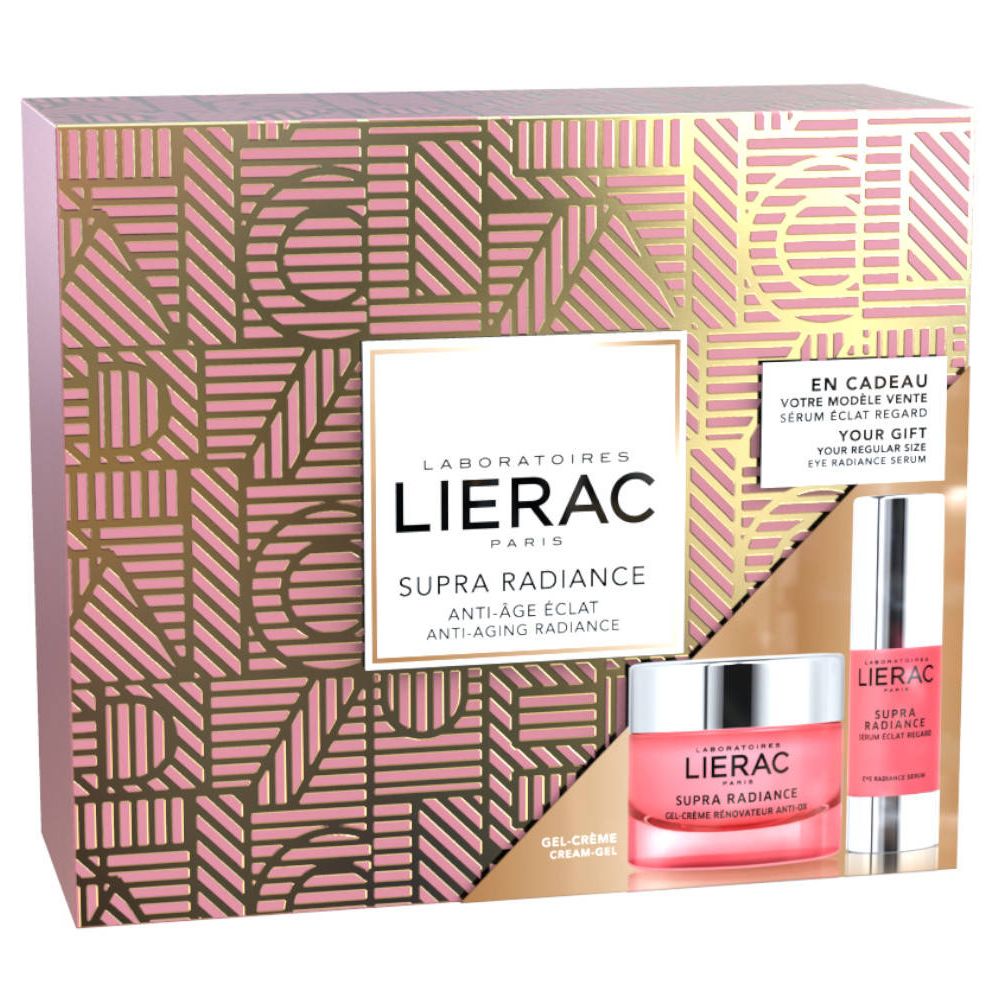 Coffret cadeau avec produits cosmétiques roses. Contient crème, sérum et emballage avec logo et texte.