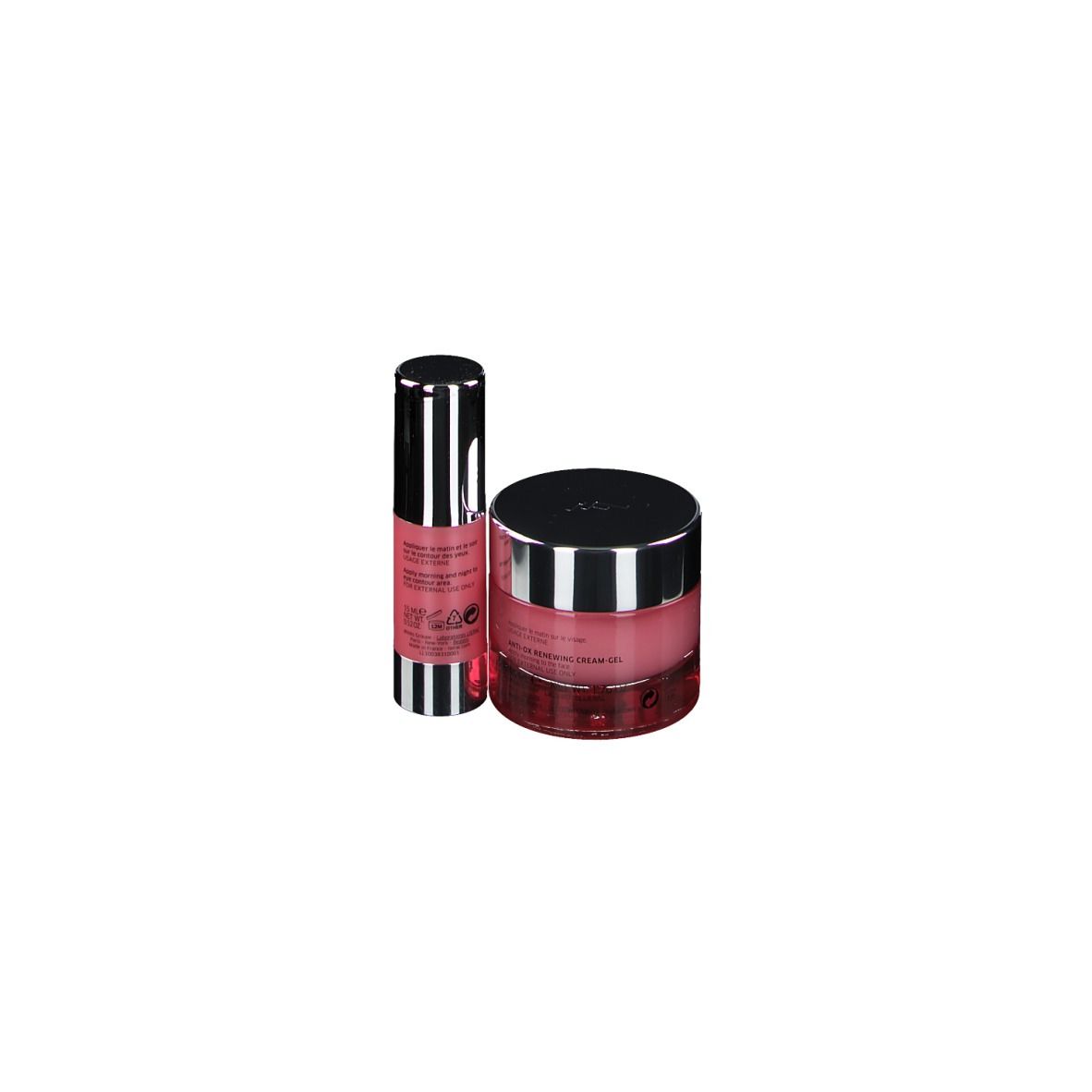Deux produits cosmétiques : crème et sérum. Couleur rose, couvercles argentés. Marque LIERAC.