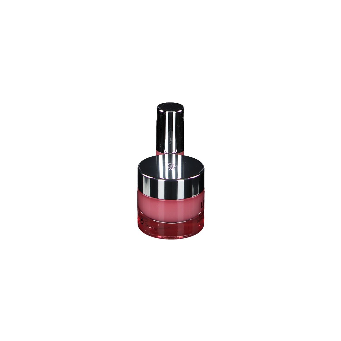 Produit cosmétique avec couvercle argenté et contenu rose. Marque LIERAC.