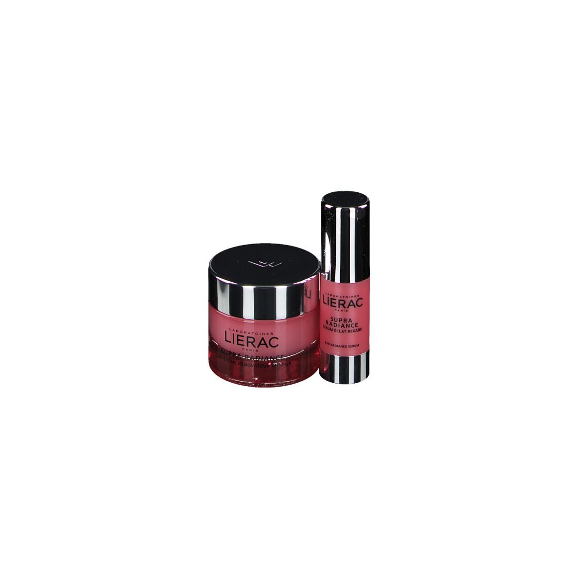 Deux produits cosmétiques : crème et sérum. Couleur rose, couvercles argentés. Marque LIERAC.