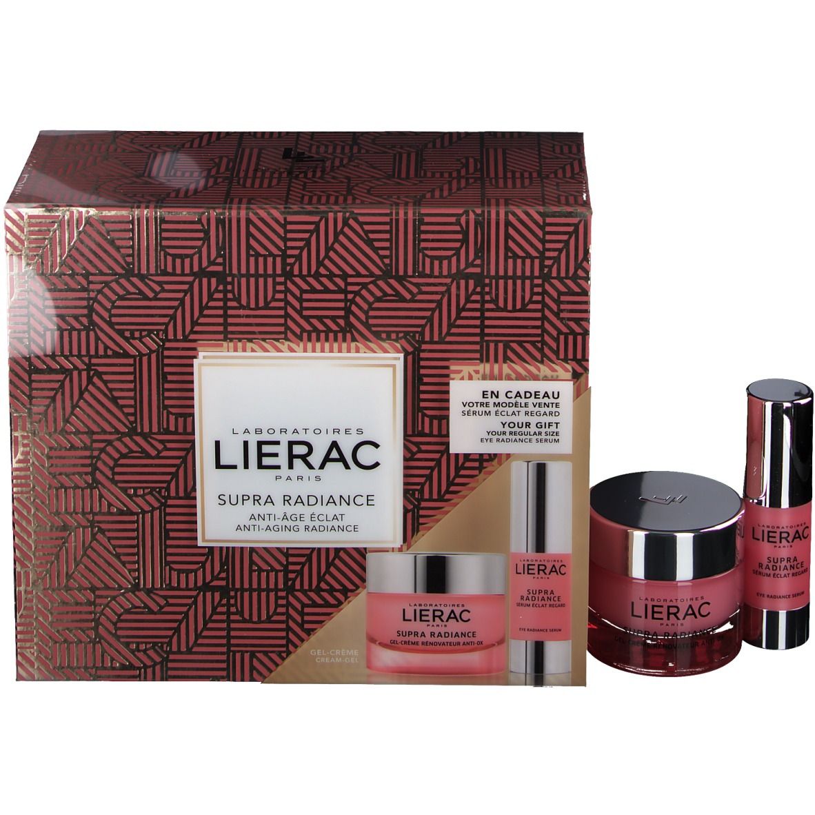Coffret cadeau avec produits cosmétiques. Contient crème, sérum et emballage avec logo et texte.