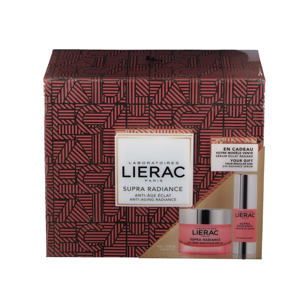 Coffret cadeau avec produits cosmétiques. Contient crème, sérum et emballage avec logo et texte.
