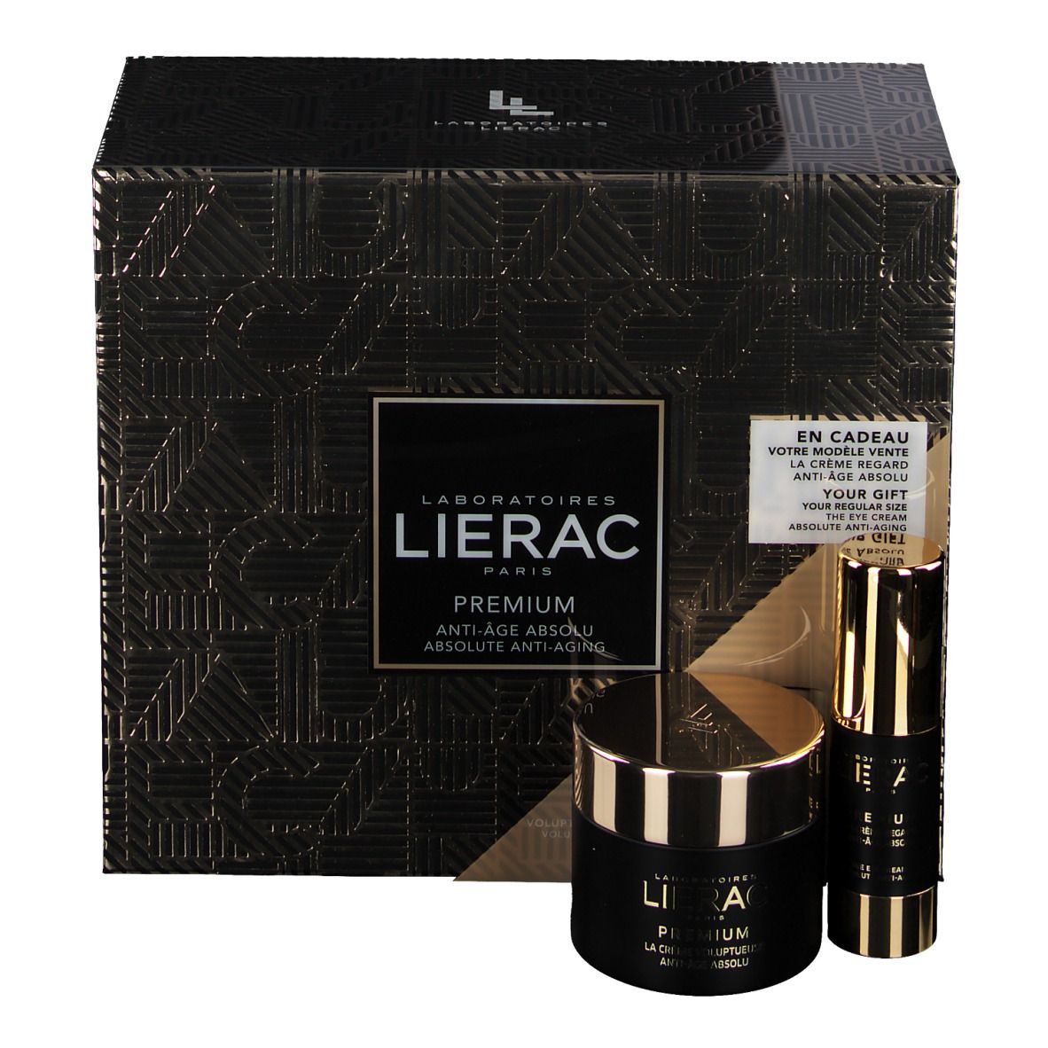 Coffret cadeau noir et doré avec deux produits cosmétiques. Texte : Lierac Premium Anti-Âge Absolu. Vue de face.