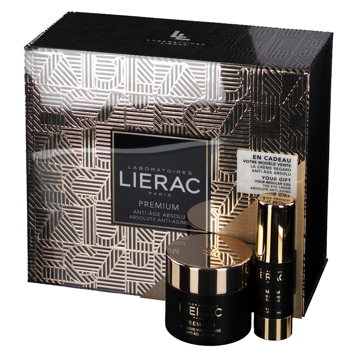 Coffret cadeau noir et doré avec deux produits cosmétiques. Texte : Lierac Premium Anti-Âge Absolu.