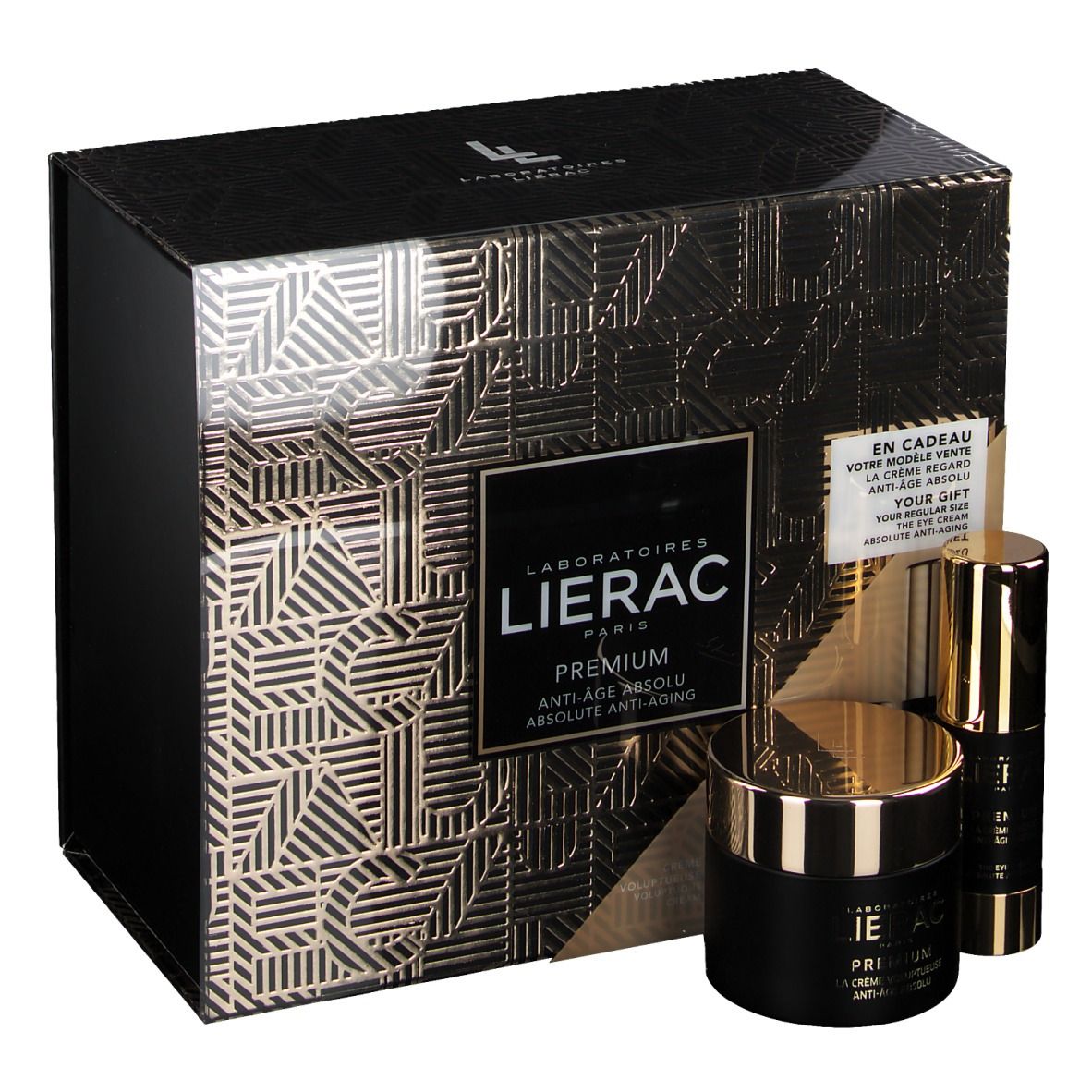Coffret cadeau noir et doré avec deux produits cosmétiques. Texte : Lierac Premium Anti-Âge Absolu.