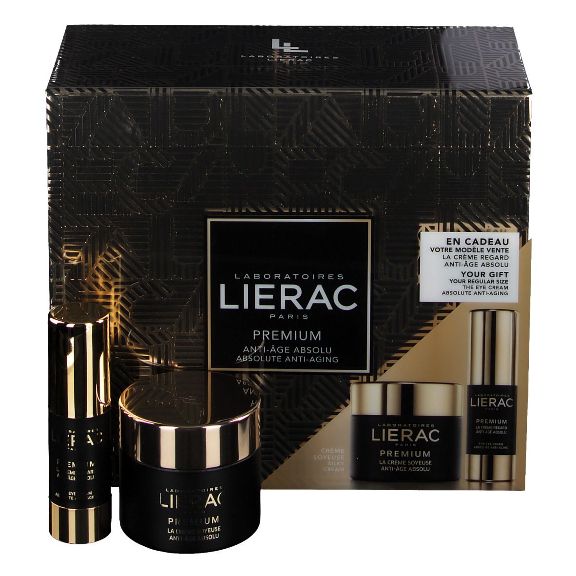 Coffret Lierac. Boîte noire dorée avec motifs, contient crèmes et flacons. Texte: Premium Anti-Age Absolu. Offre spéciale.