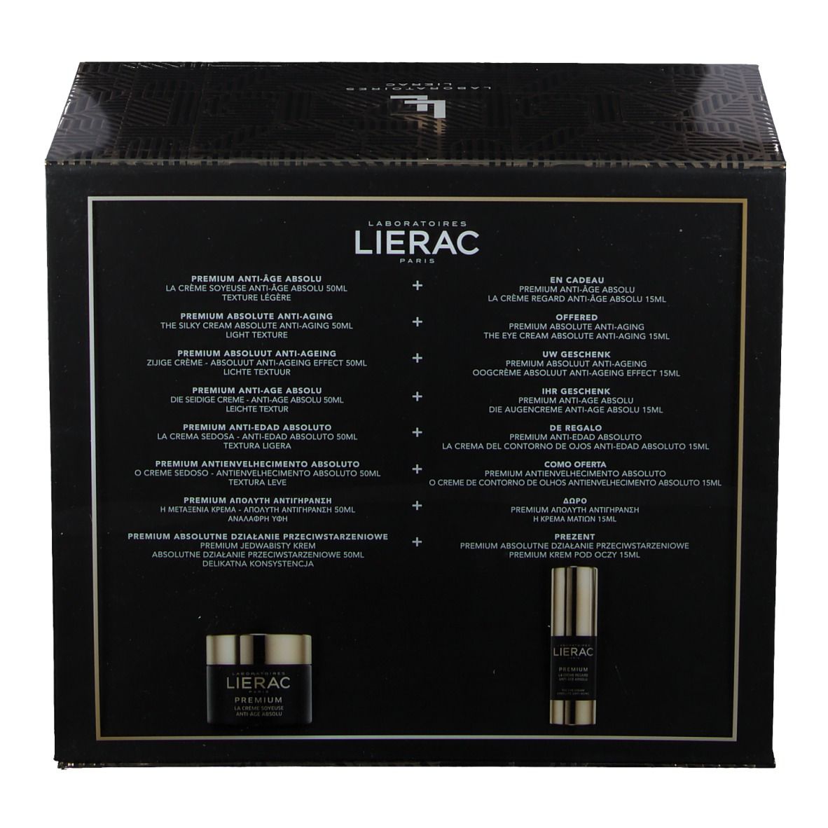 Coffret Lierac. Boîte noire dorée avec motifs, contient crèmes et flacons. Texte: Premium Anti-Age Absolu. Offre spéciale.