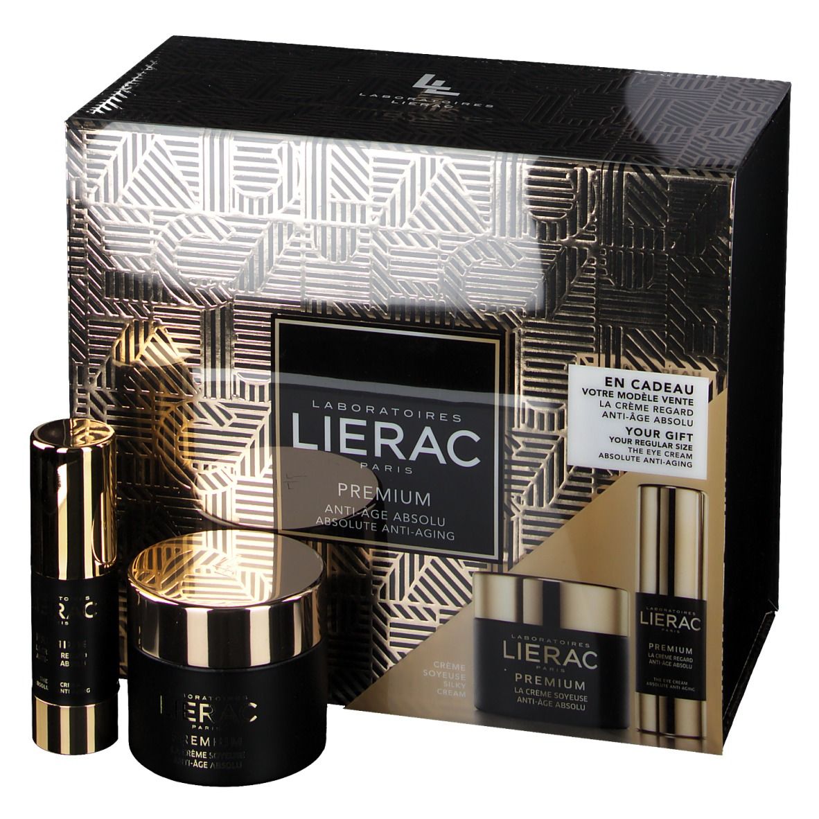 Coffret Lierac. Boîte noire dorée avec motifs, contient crèmes et flacons. Texte: Premium Anti-Age Absolu. Offre spéciale.