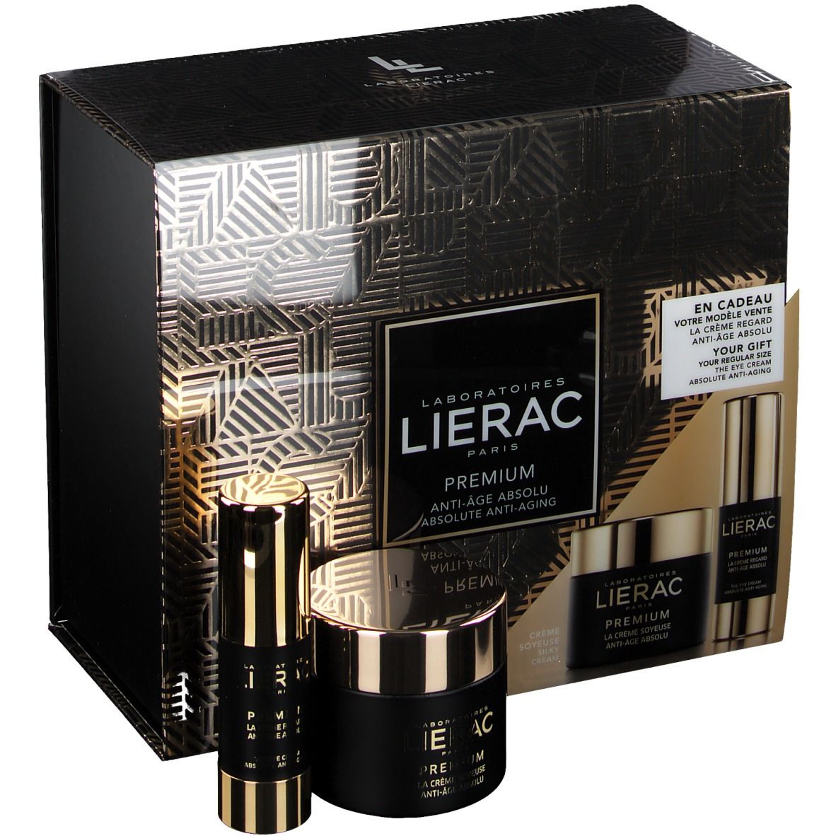 Coffret Lierac. Boîte noire dorée avec motifs, contient crèmes et flacons. Texte: Premium Anti-Age Absolu. Offre spéciale.