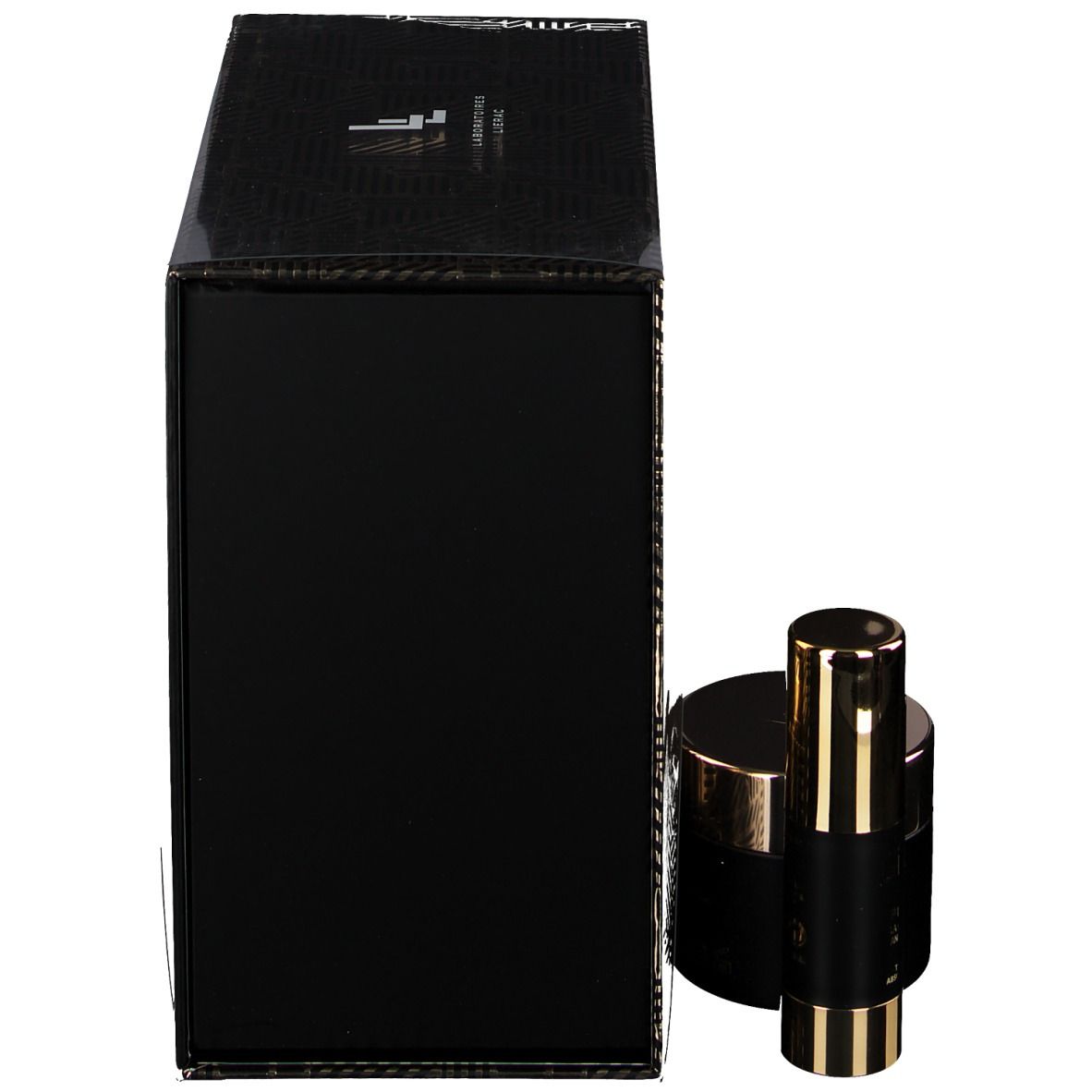 Boîte noire avec produits Lierac. Détails dorés. Contient crèmes et flacons. Texte: Premium Anti-Age Absolu.