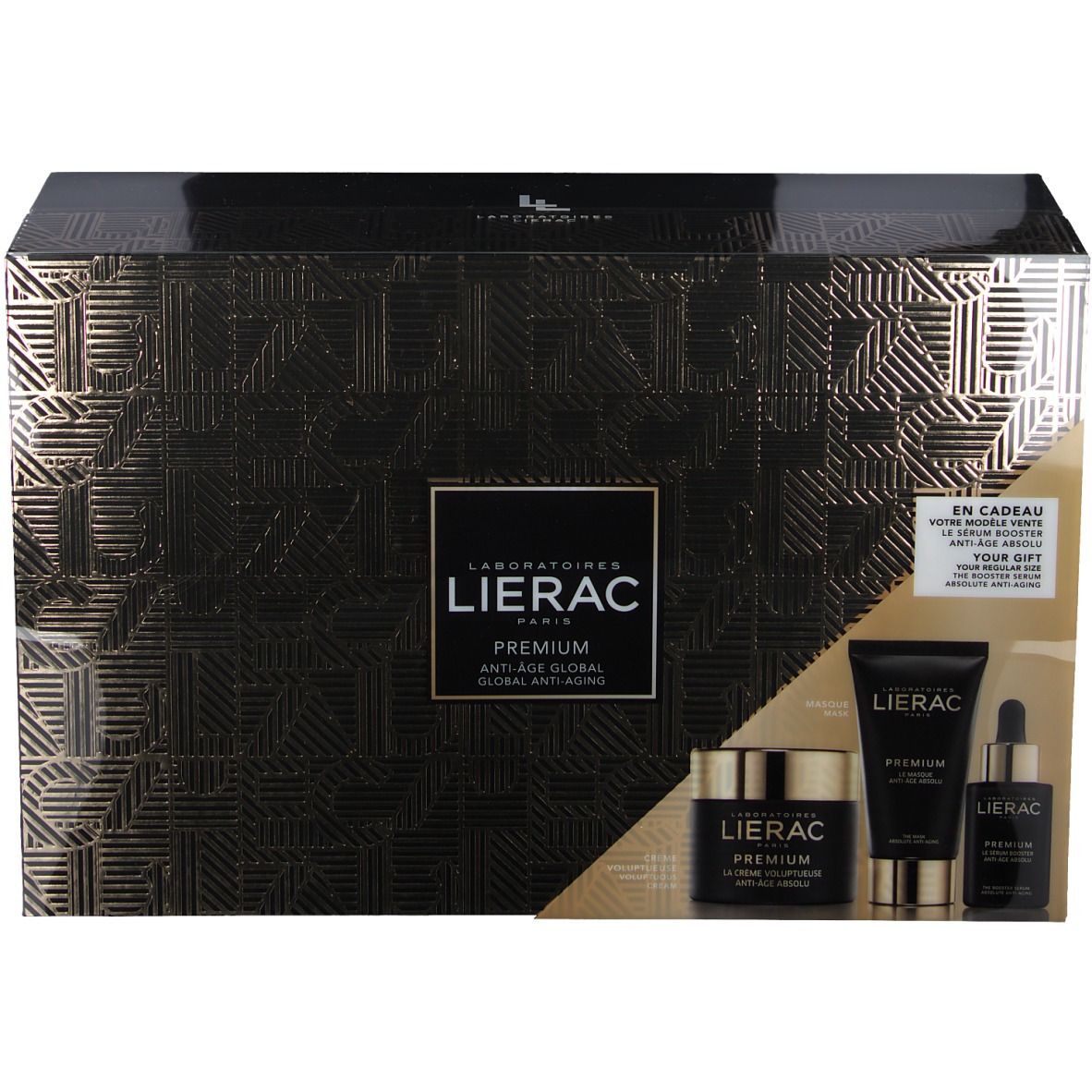Coffret cadeau noir et or. Contient crème, sérum et nettoyant visage. Marque Lierac.