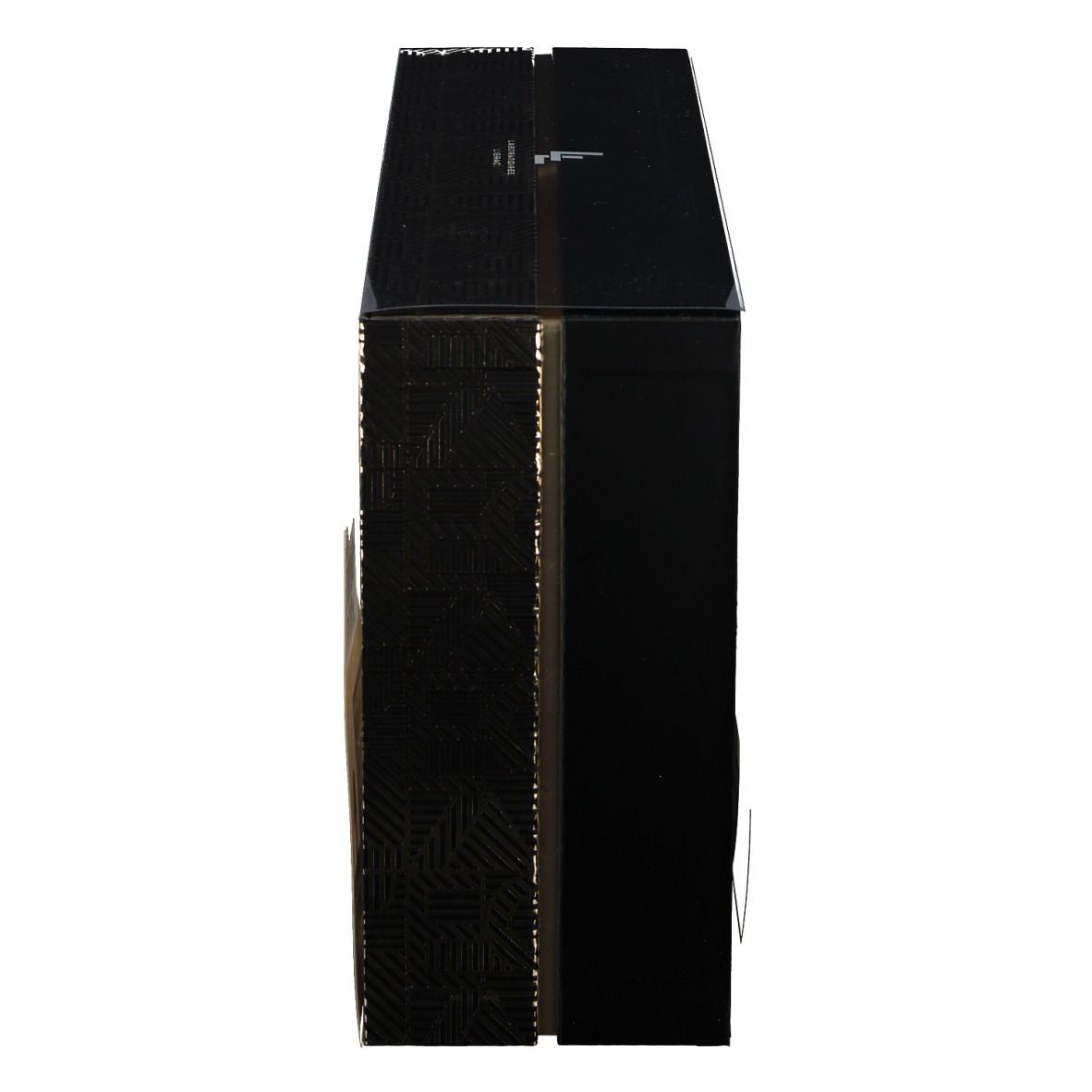Vue latérale du coffret cadeau. Emballage noir avec motif doré. Marque Lierac.