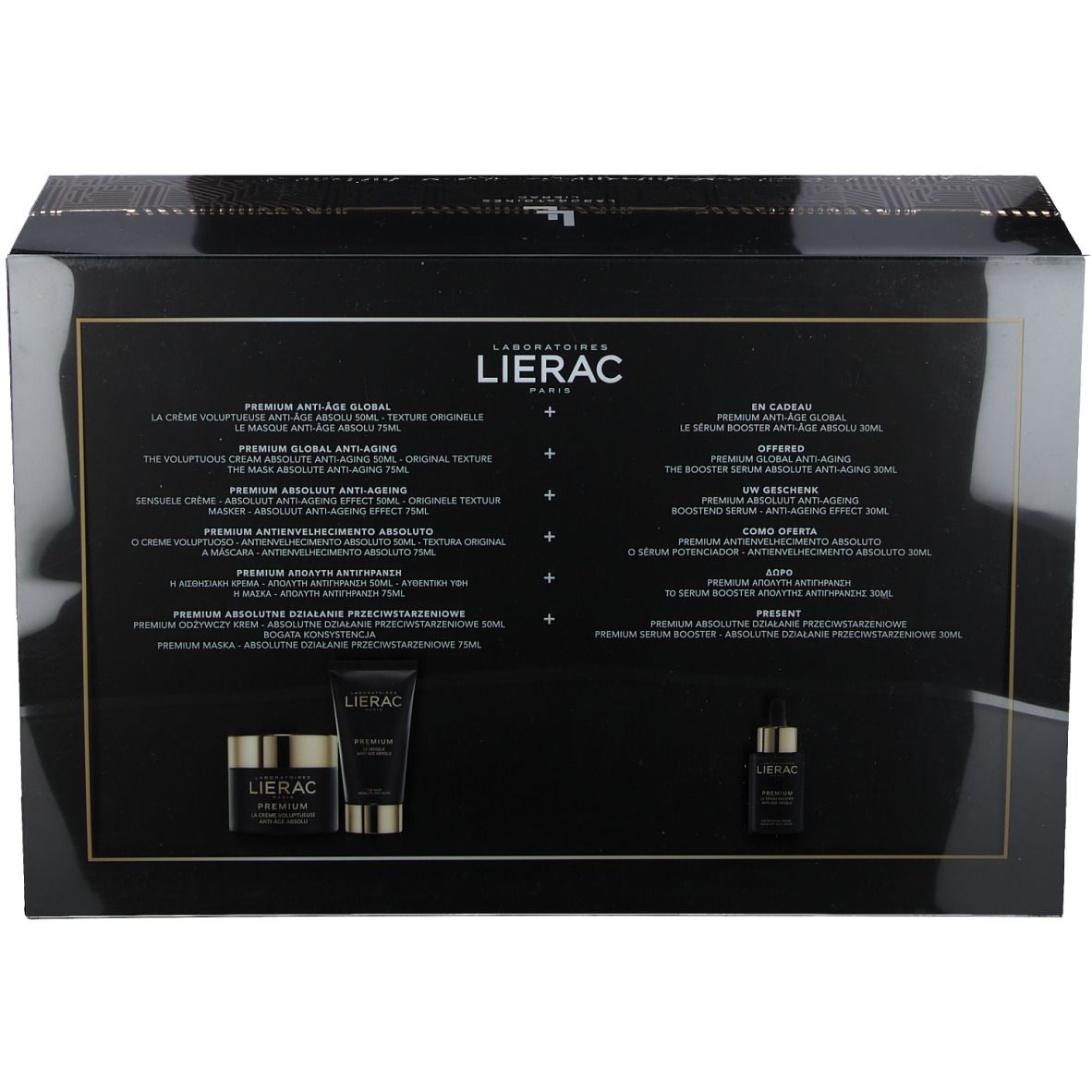 Dos du coffret cadeau. Contient des informations sur le produit et des ingrédients. Marque Lierac.