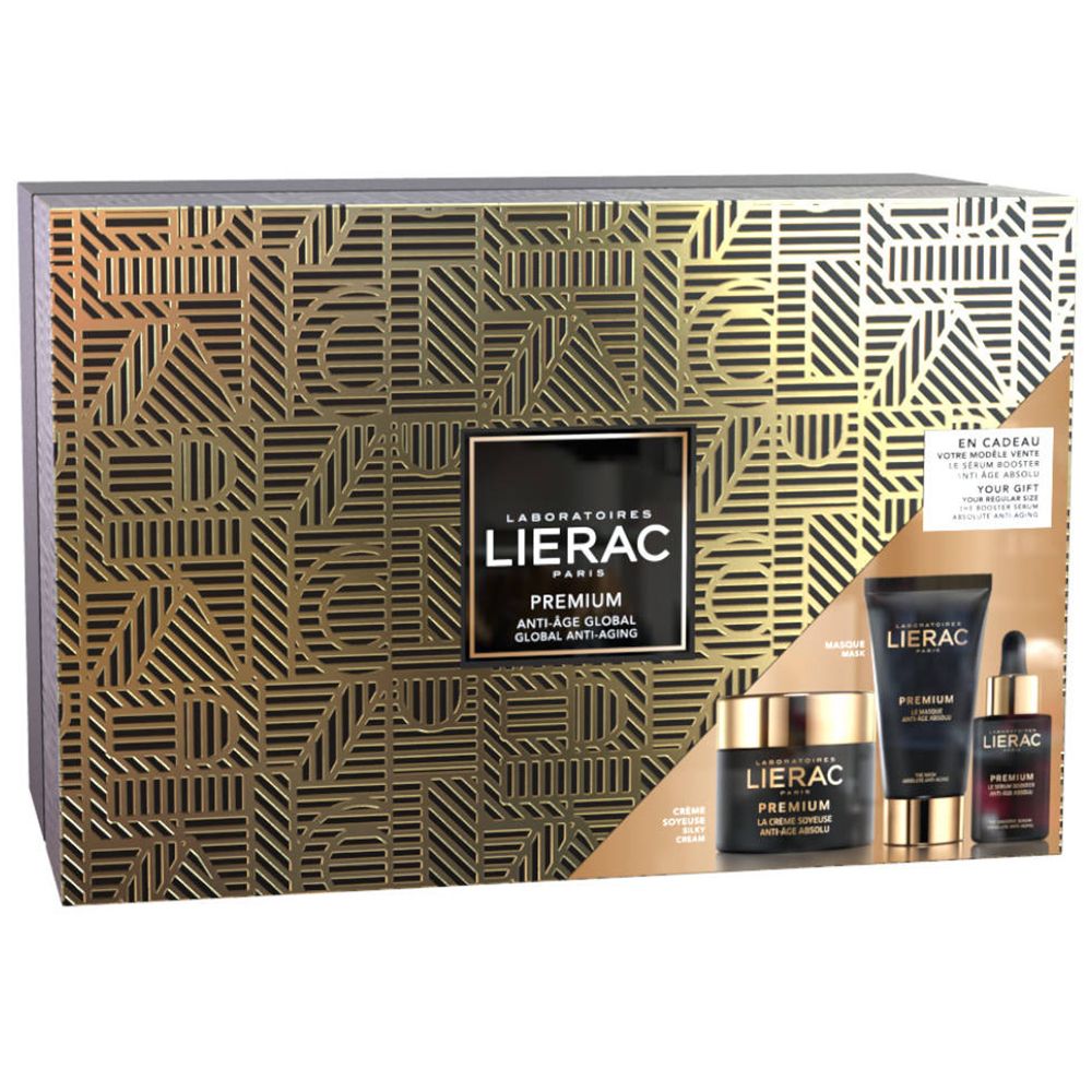 Zwarte geschenkverpakking met gouden patroon en producten. Bevat crème, serum en tube. Tekst: Lierac Premium Anti-Aging Global.