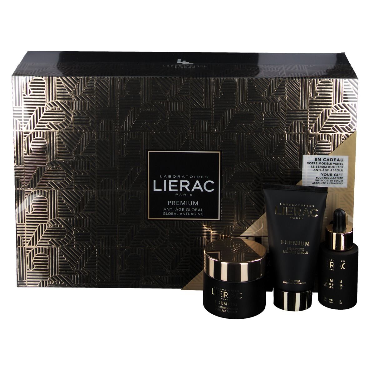 Zwarte geschenkverpakking met gouden patroon en producten. Bevat crème, serum en tube. Tekst: Lierac Premium Anti-Aging Global.