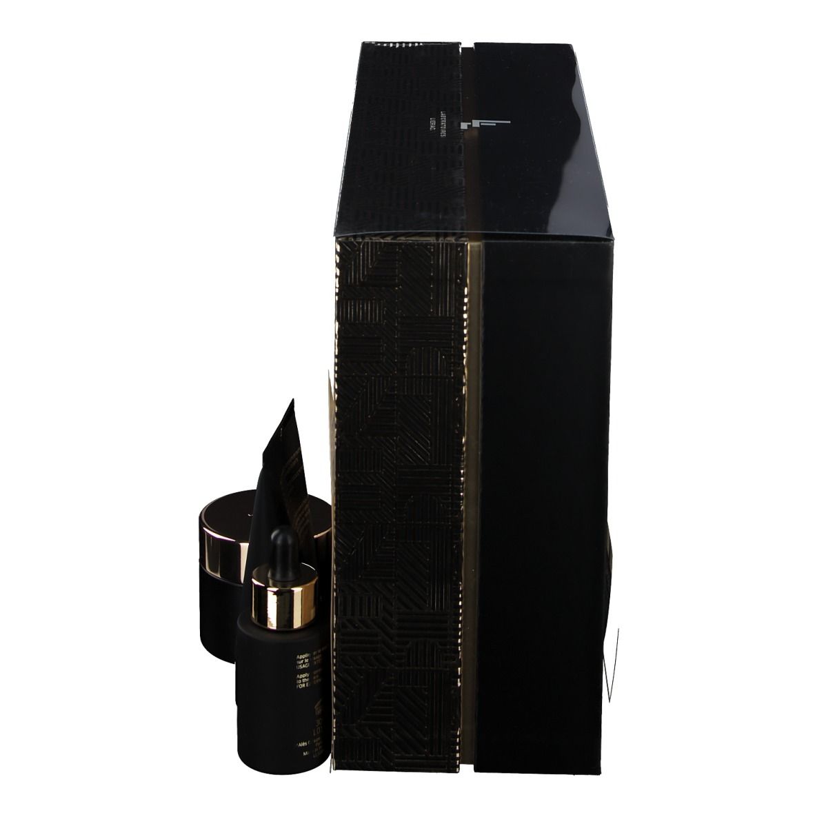 Zwarte geschenkdoos met gouden patroon. Producten: crème en serum. Tekst: Lierac Premium Anti-Aging Global. Zijaanzicht.