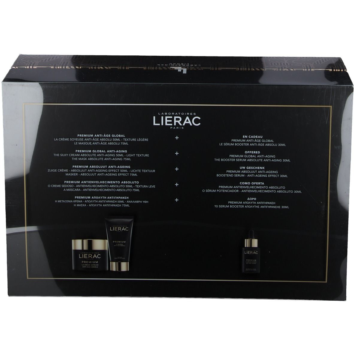Achterkant van de geschenkdoos. Zwarte achtergrond met tekst en producten. Tekst: Lierac Premium Anti-Aging Global. Inhoudsopgave.