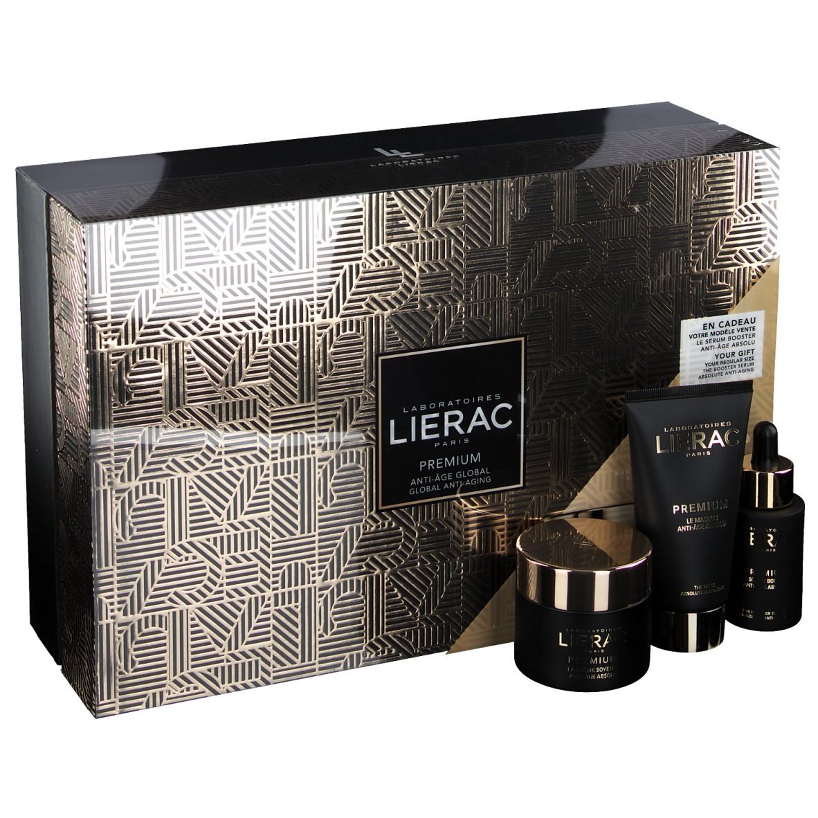 Zwarte geschenkverpakking met gouden patroon en producten. Bevat crème, serum en tube. Tekst: Lierac Premium Anti-Aging Global.