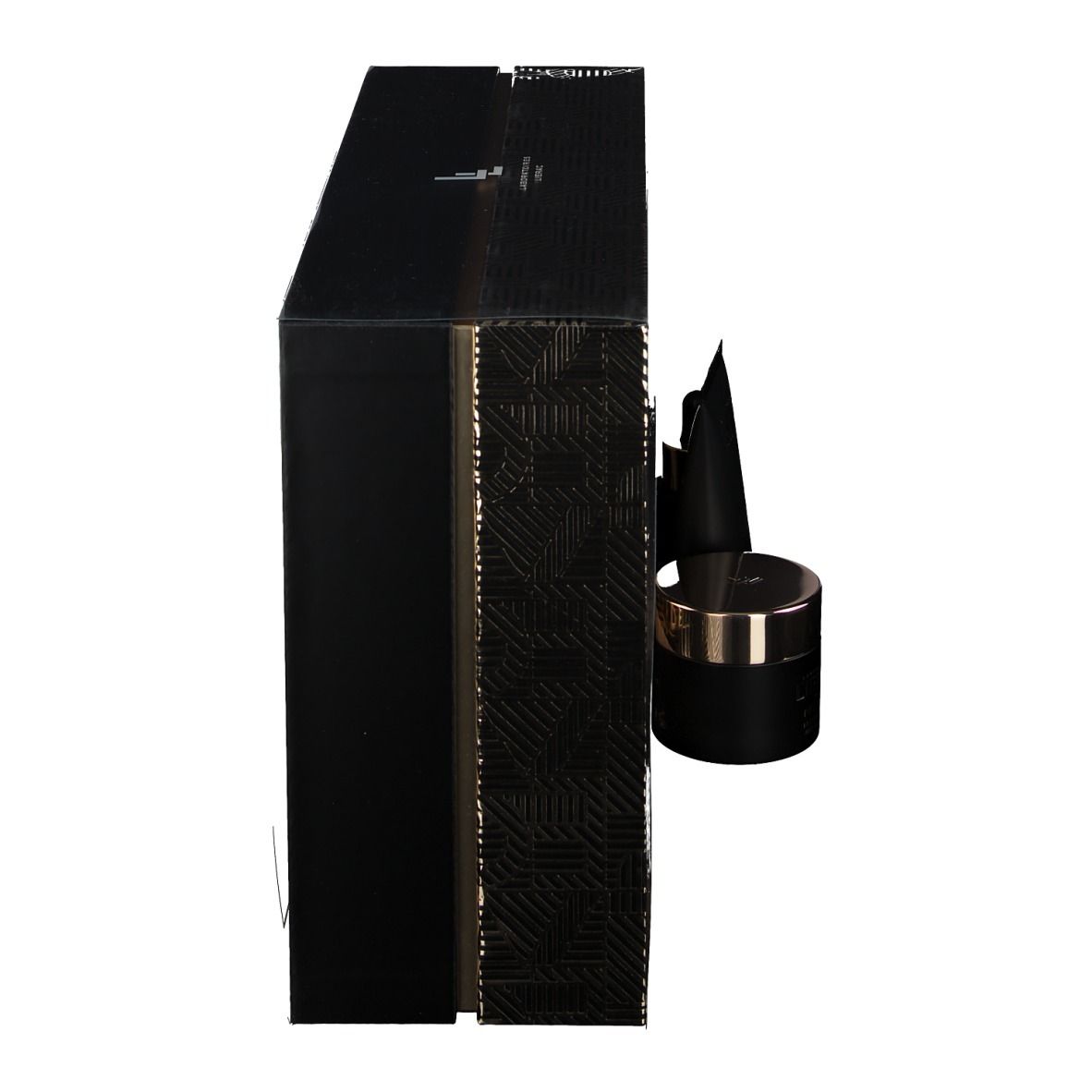 Zwarte geschenkdoos met gouden patroon. Producten: crème en serum. Tekst: Lierac Premium Anti-Aging Global. Zijaanzicht.