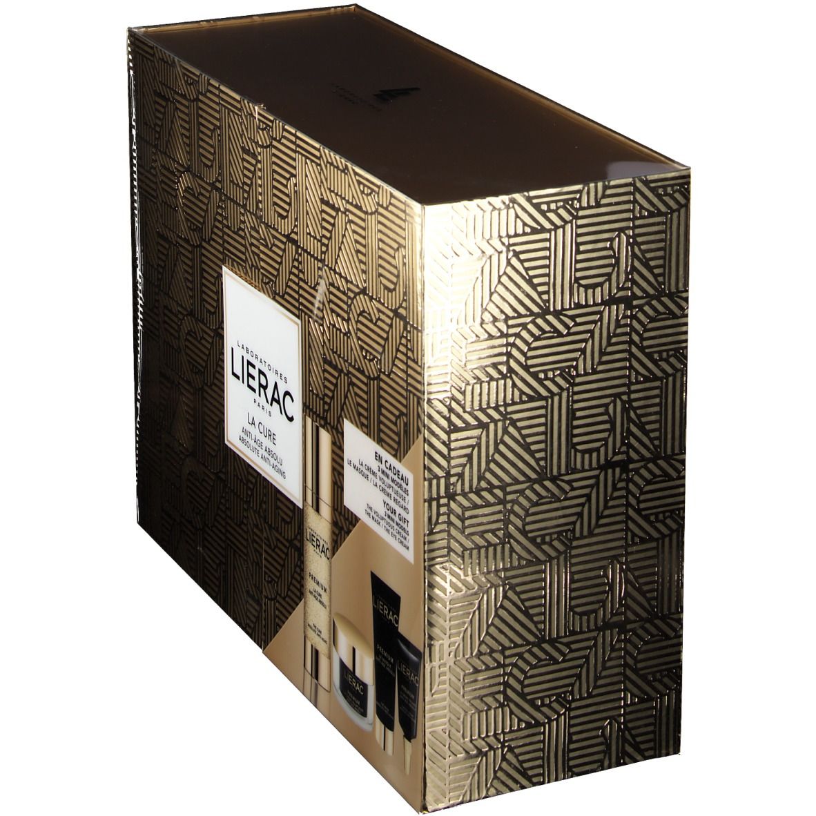 Goldfarbene Geschenkbox mit Kosmetikprodukten. Aufschrift: LIERAC, La Cure Anti-Aging Absolu. Enthält Serum, Creme und Tuben.