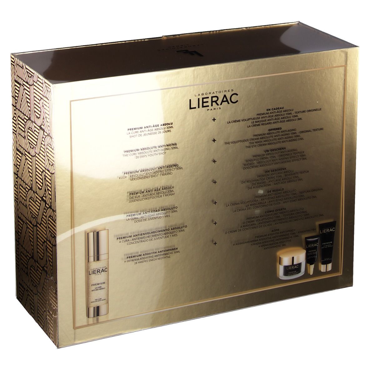 Goldfarbene Geschenkbox mit Kosmetikprodukten. Aufschrift: LIERAC, La Cure Anti-Aging Absolu. Enthält Serum, Creme und Tuben.