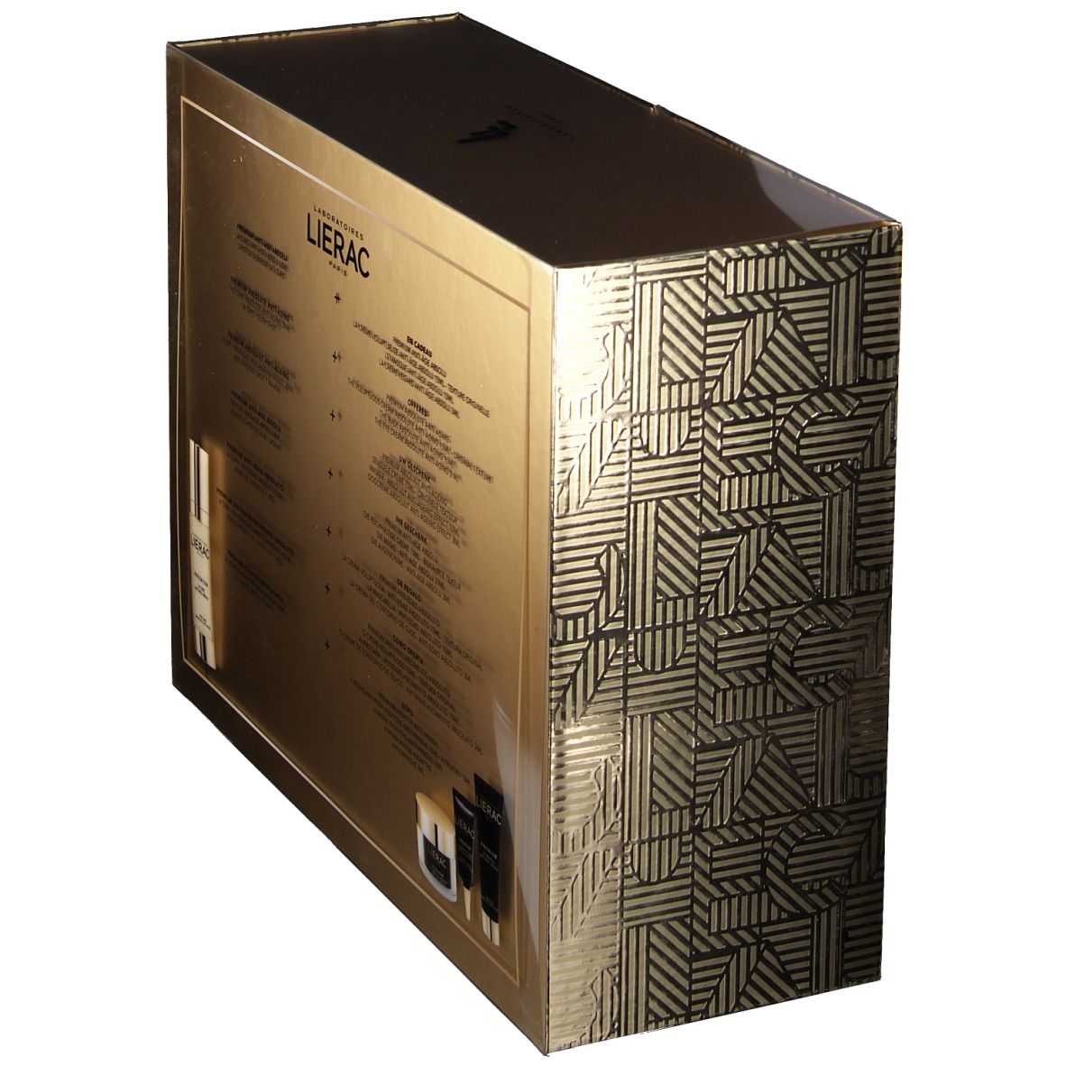 Goldfarbene Geschenkbox mit Kosmetikprodukten. Aufschrift: LIERAC, La Cure Anti-Aging Absolu. Enthält Serum, Creme und Tuben.