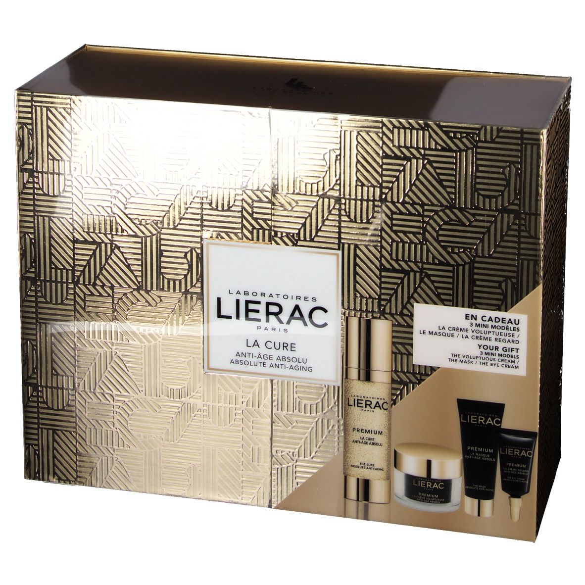 Goldfarbene Geschenkbox mit Kosmetikprodukten. Aufschrift: LIERAC, La Cure Anti-Aging Absolu. Enthält Serum, Creme und Tuben.