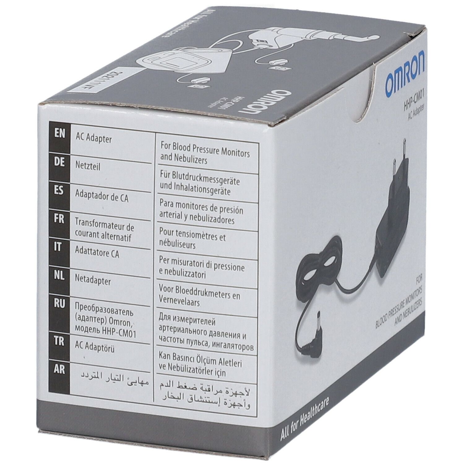 Verpackung des OMRON HHP-CM01 Netzadapters. Text in mehreren Sprachen: "Netzteil", "Adaptateur CA", "Netadapter", etc. Für Blutdruckmessgeräte und Vernebler.