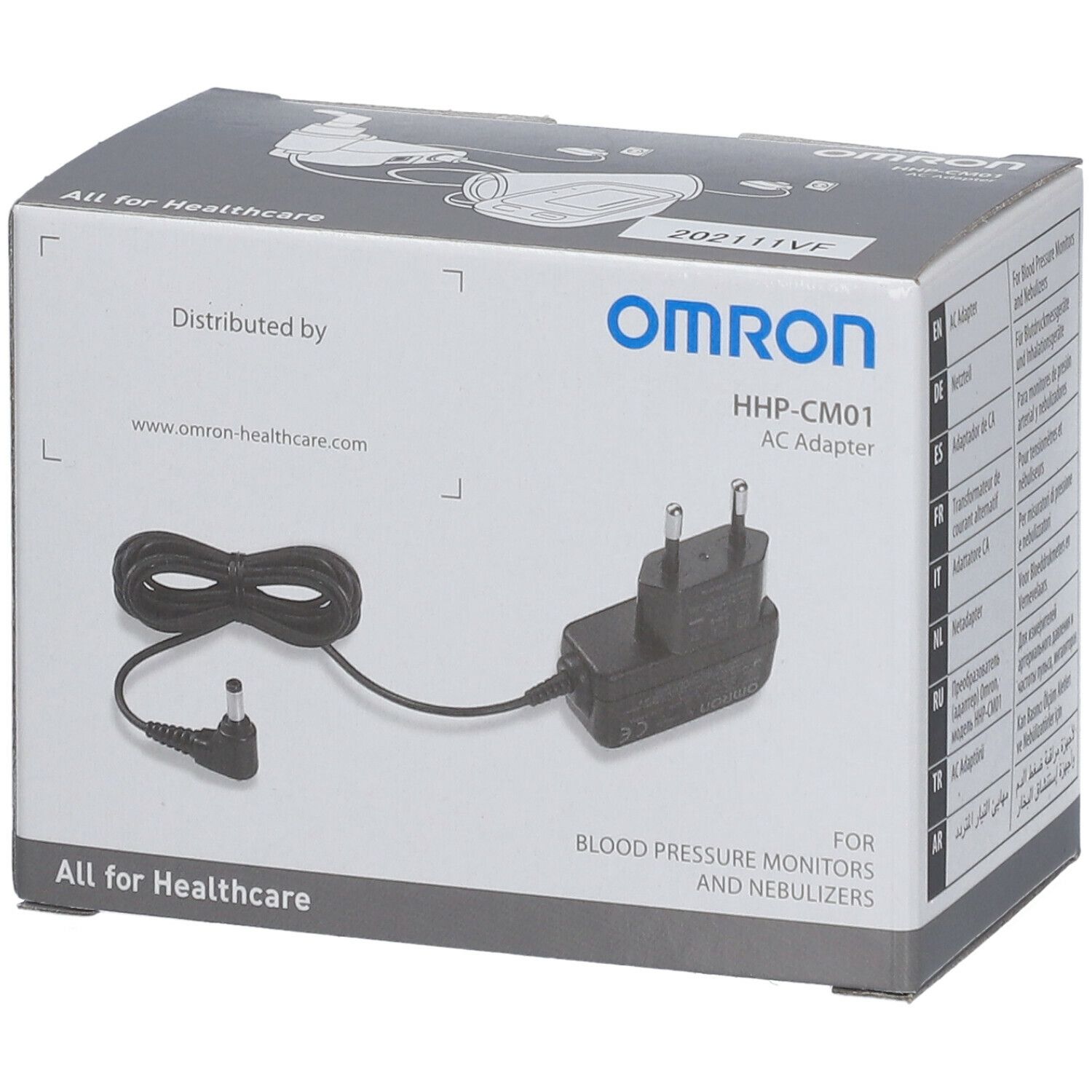 OMRON HHP-CM01 Netzadapter in Verpackung. Schwarzes Netzteil mit Kabel und Stecker. Aufschrift: "For Blood Pressure Monitors and Nebulizers".