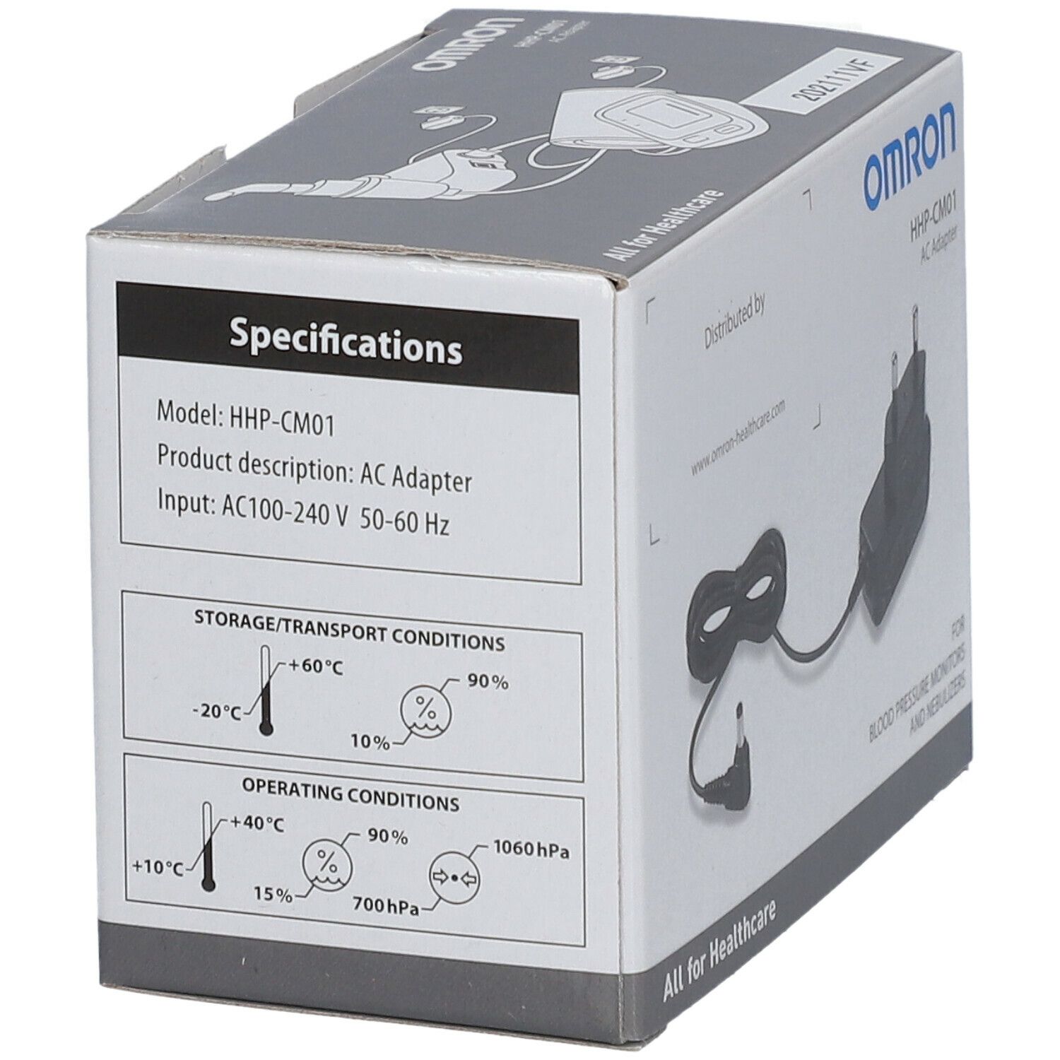 Verpackung des OMRON HHP-CM01 Netzadapters. Spezifikationen: Modell, Produktbeschreibung, Eingangsspannung, Lagerungs- und Betriebsbedingungen.