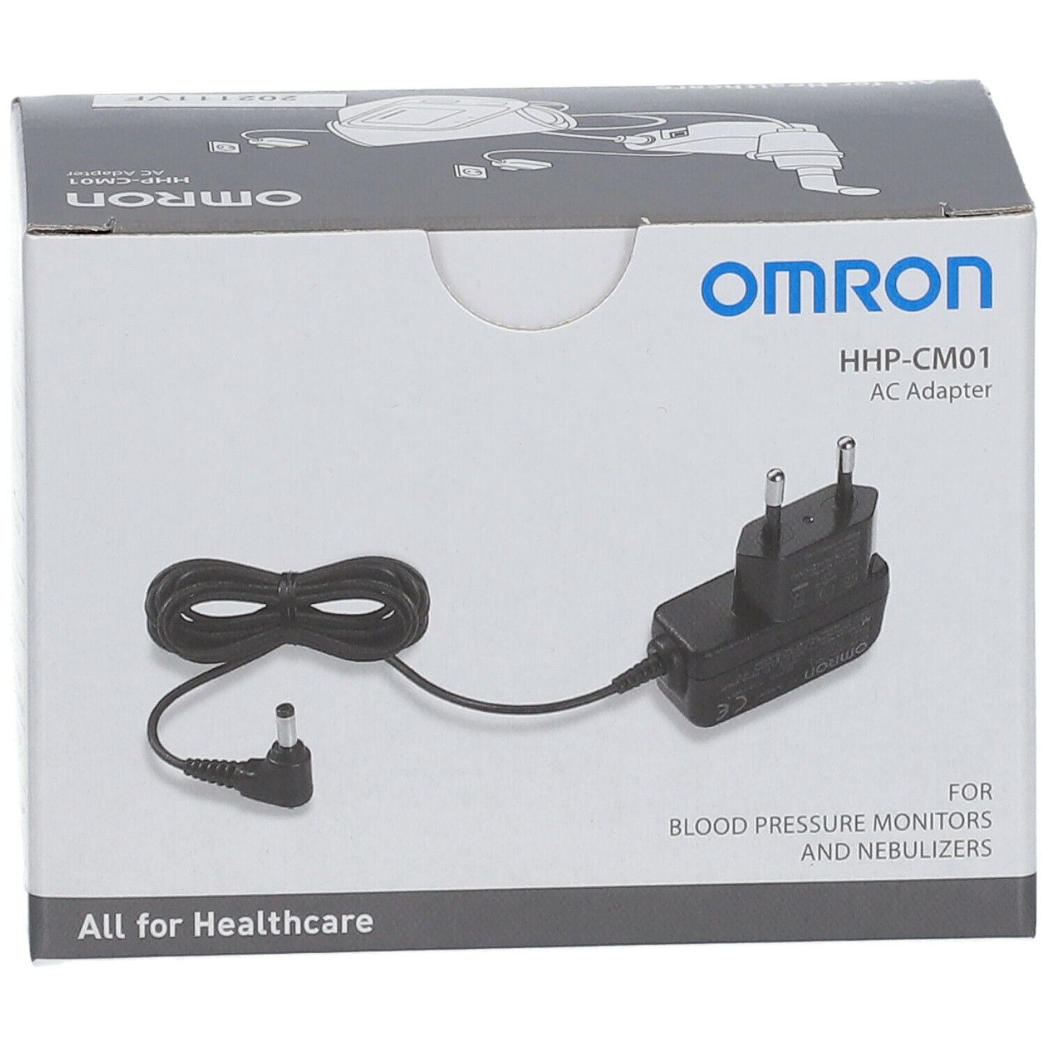 OMRON HHP-CM01 Netzadapter in Verpackung. Schwarzes Netzteil mit Kabel und Stecker. Aufschrift: "For Blood Pressure Monitors and Nebulizers".