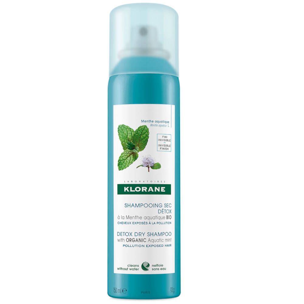 Turquoise sprayfles met wit etiket. Opschrift: KLORANE, droogshampoo, watermunt bio. Illustratie van muntbladeren.