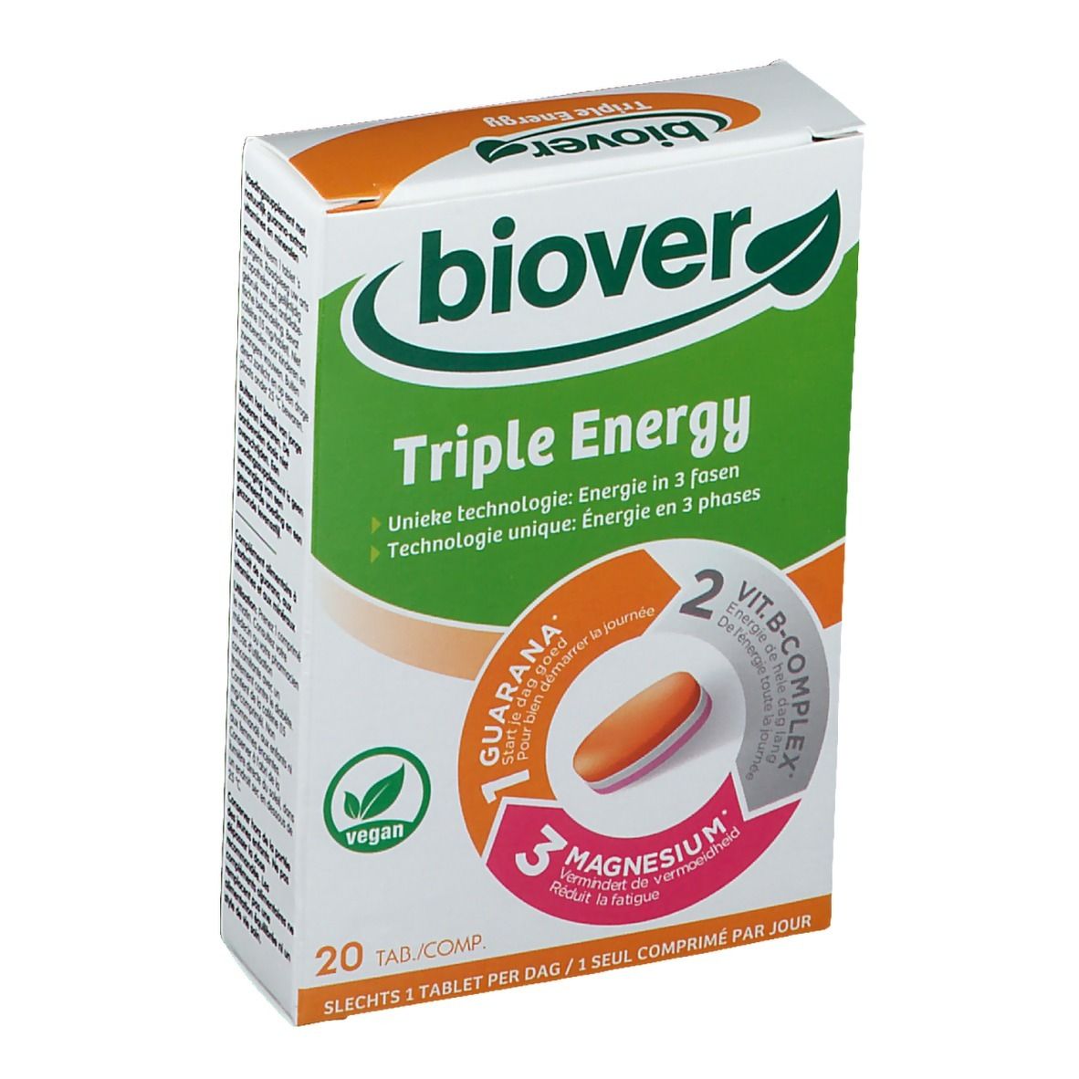 Boîte de comprimés "Biover Triple Energy". Design vert et blanc avec nom du produit et ingrédients. Label végan.