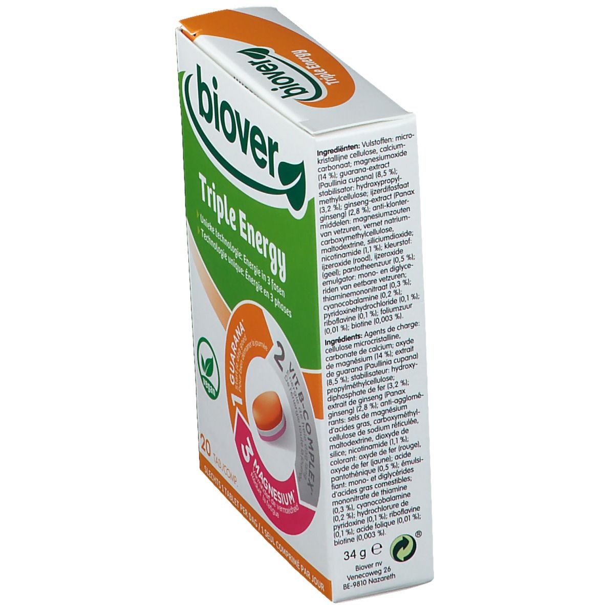 Boîte "Biover Triple Energy" avec informations et liste des ingrédients. Fond blanc, vue latérale.