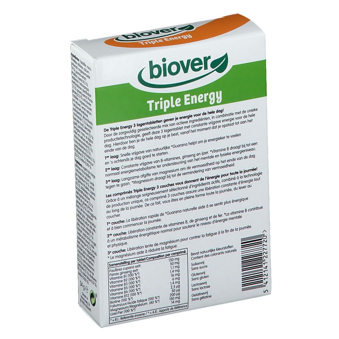 Dos de la boîte "Biover Triple Energy" avec texte. Contient des informations sur le produit et ses ingrédients.