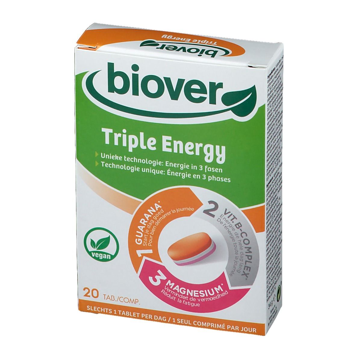 Boîte "Biover Triple Energy" avec nom du produit et informations. Design vert et blanc avec illustration de comprimé.